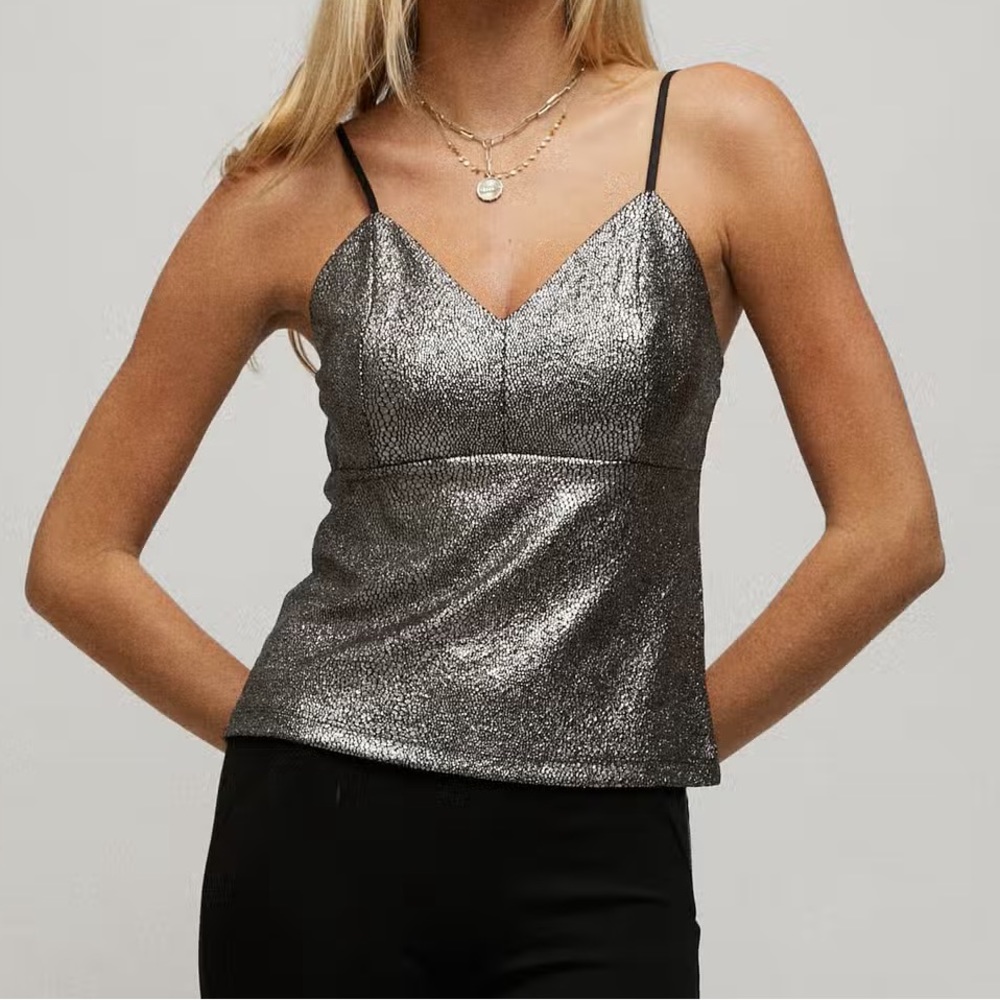 Black Cracked Metallic Knit Cami Tank Top